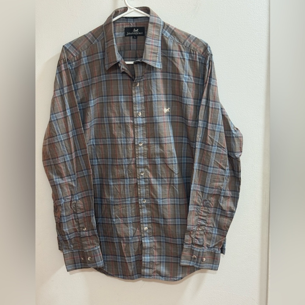 Johnathan Stewart Men's Button‎ Up Casual Shirt Size L Gray/Blue Plaid